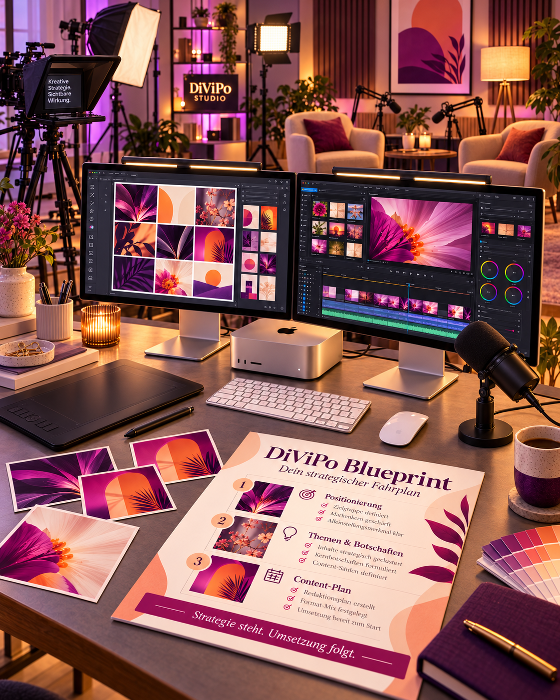 DiViPo Content-Studio mit zwei Monitoren, Produktionstechnik und vorbereitetem Blueprint-Fahrplan